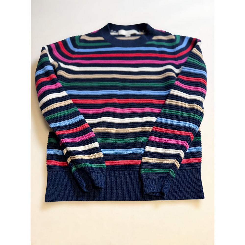 LOFT‎ Womens Navy Blue Multi Color Striped Cotton Knit Crewneck Sweater Small